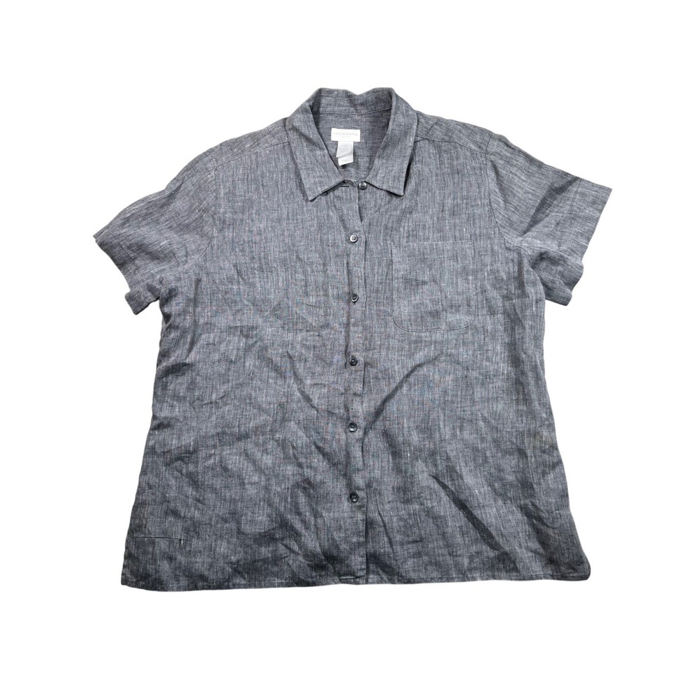 Liz Sport Womens XL Gray Linen Button Front Shirt Short Sleeve Relaxed Coastal